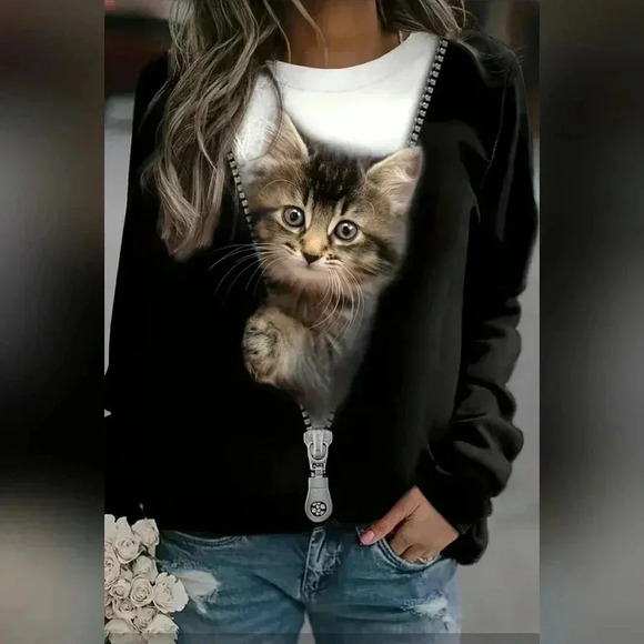 Kitty Quarky 3XL Graphic Digital Print Cute Cat Long Sleeve Silky Top - Picture 1 of 3